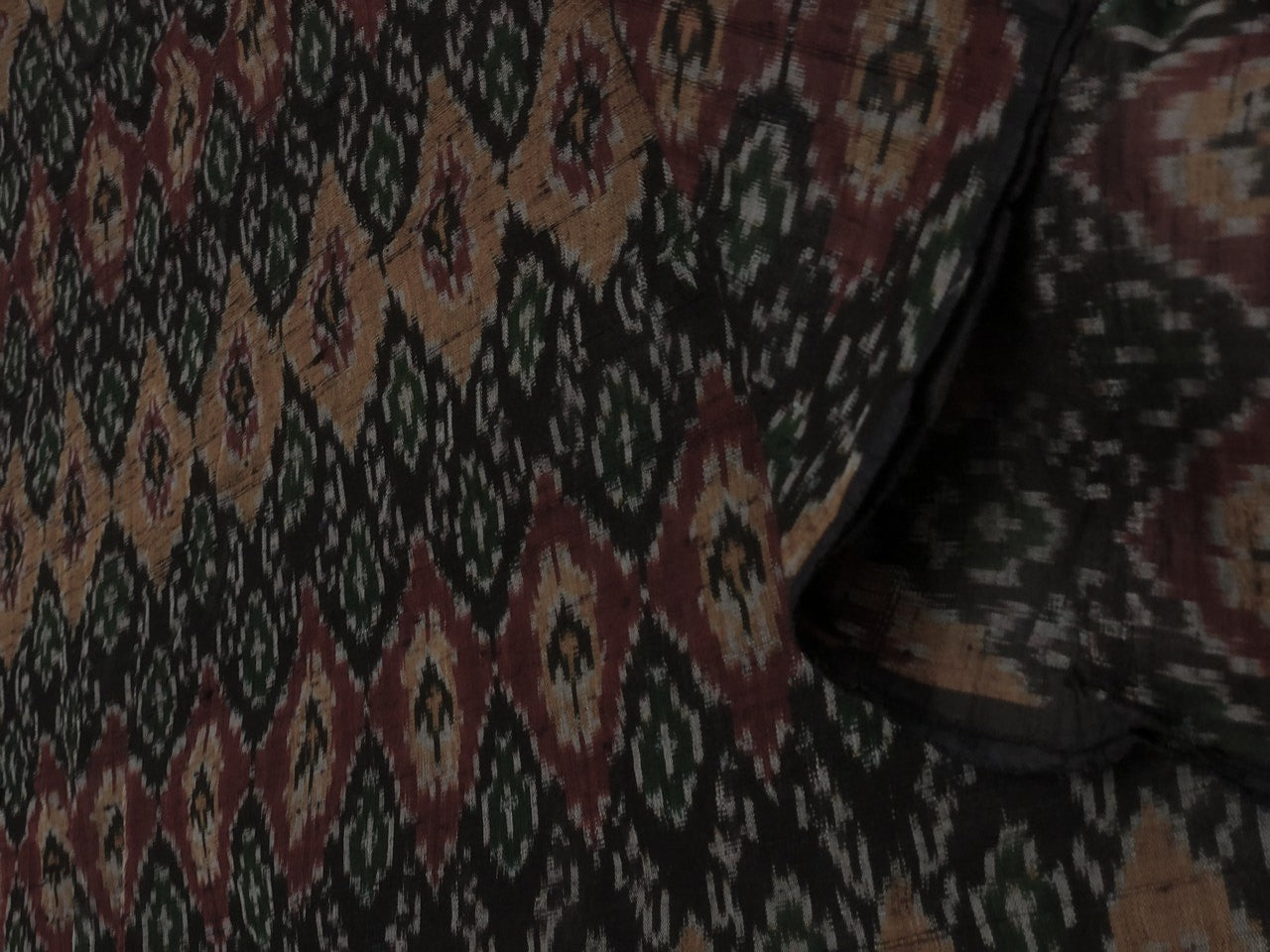100% pure silk dupion ikat fabric black maroon x green color 44" wide [8374]