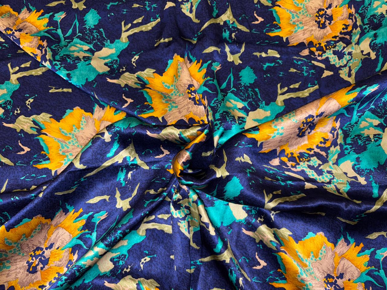 100% Pure Silk 100 grams satin printed 44"wide fabric royal blue and bright yellow and teal floral  [18420]