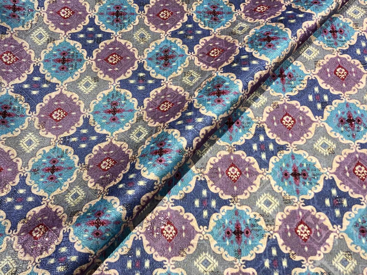 Silk Brocade fabric 56"blue,purple,pink and burgundy  jacquard and very subtle pink sequence BRO1061[3]
