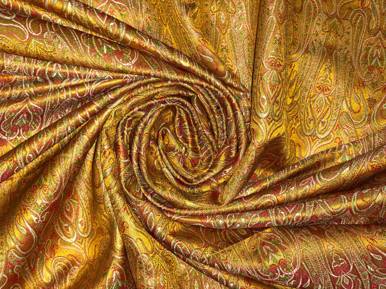 Silk Brocade fabric 44" paisley  jacquard available in 2 colors mustard ,red and green AND purple ,red and mustard BRO1049