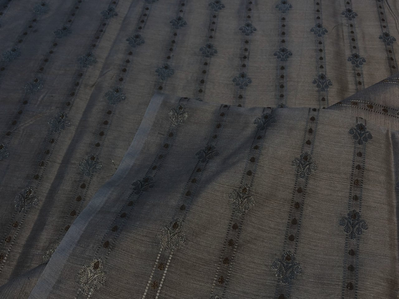 100% Silk munga Brocade fabric dark ivory with gold Zari horizontal stripes with floral jacquard BRO1090[3]