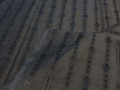 100% Silk munga Brocade fabric dark ivory with gold Zari horizontal stripes with floral jacquard BRO1090[3]