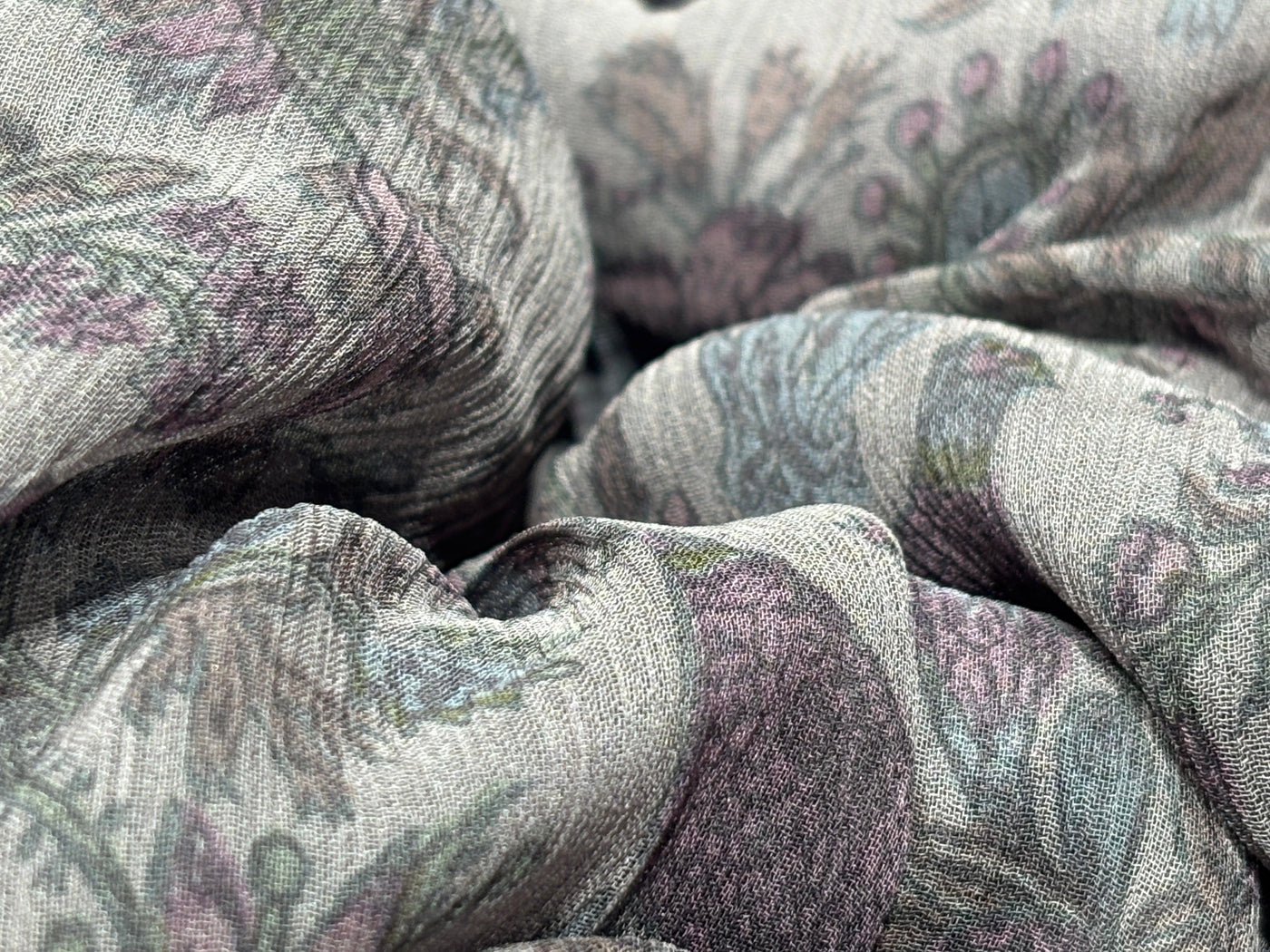 Silk chiffon  fabric iridescent  pink green and grey floral with bird  print  44" wide [17794]