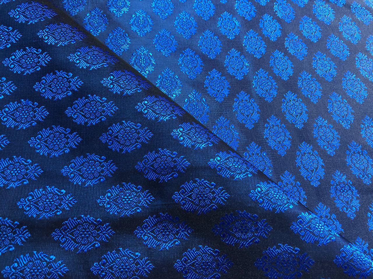 Silk Brocade fabric blue x black with blue motif   jacquard  BRO1020[4]