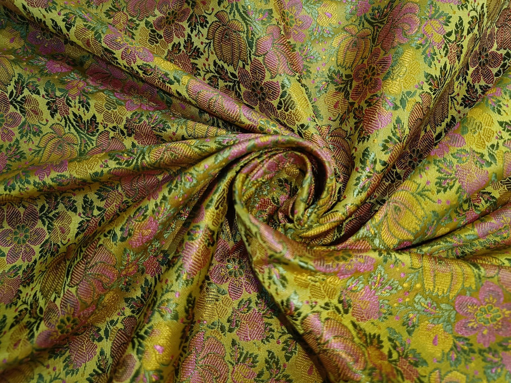 Silk Brocade fabric Gold Green and Pink color 44" wide BRO886A[1]