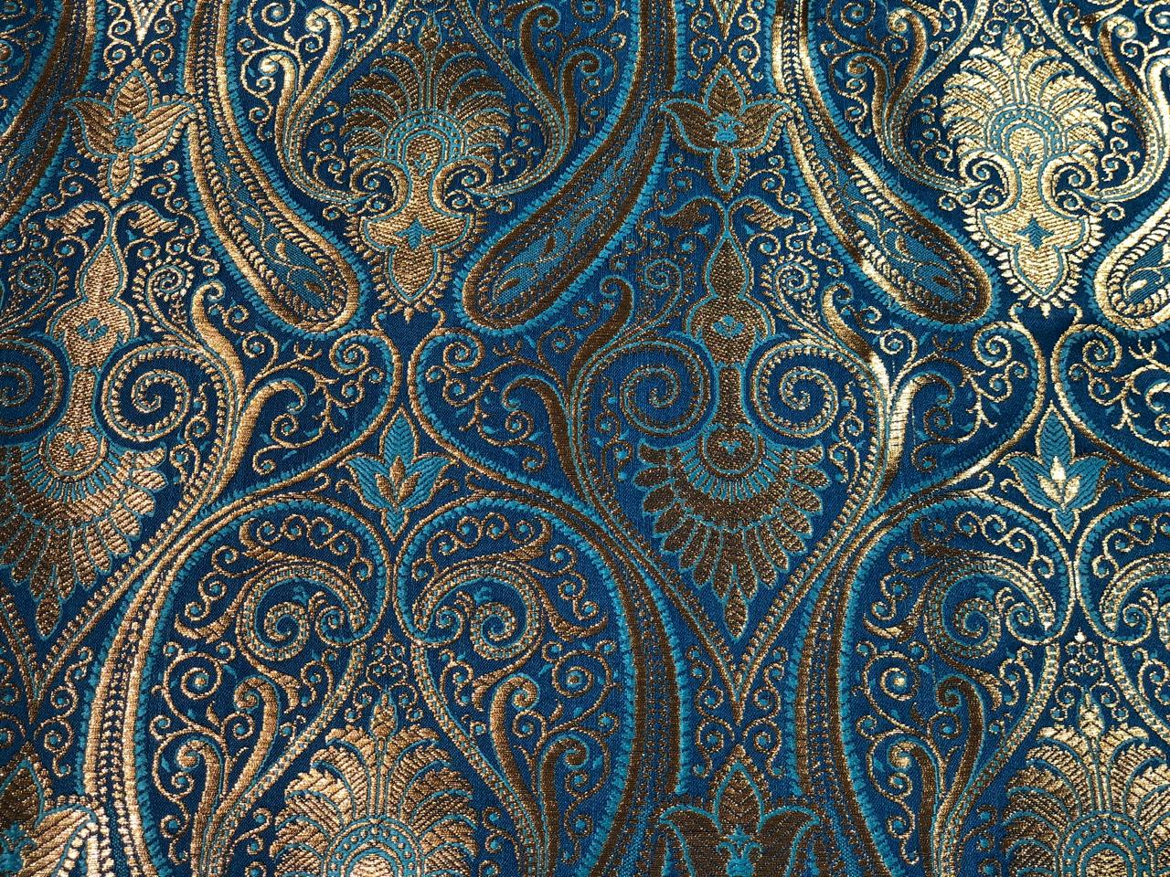 Silk Brocade fabric 44" paisley metallic gold  jacquard available in 2 colors bright orange and turquoise blue  BRO1049