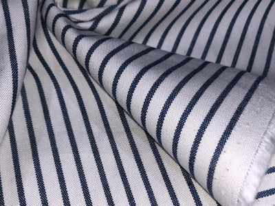 100% Cotton Denim Fabric 58" wide available in 4  different stripe designs 2 navy and white stripes and 2 navy and cream stripe