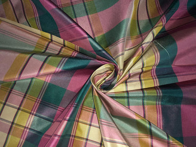 100% PURE SILK DUPIONI FABRIC  PLAIDS  pinks,yellows and greens  COLOR 54" WIDE single length 4 yds DUPcutC8