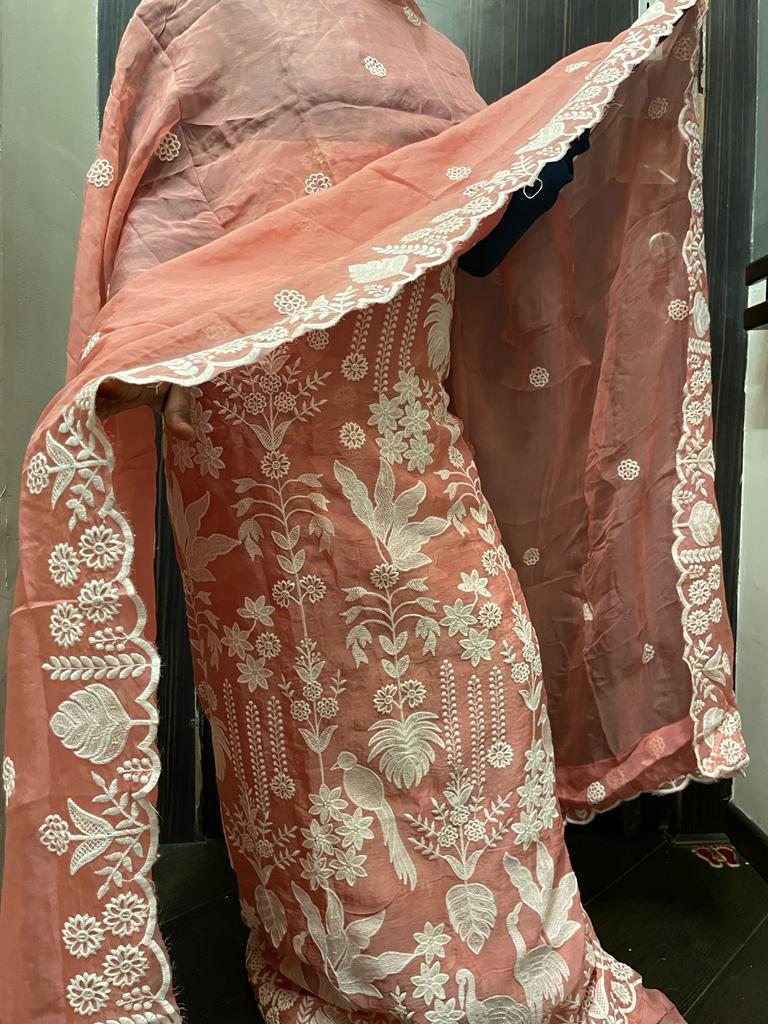 Designer Unstitched Semi Silk  PEACH GEORGETTE PARSI EMBROIDERY each order has 2.70 yards of embroidered fabric with a matching embroidered dupatta