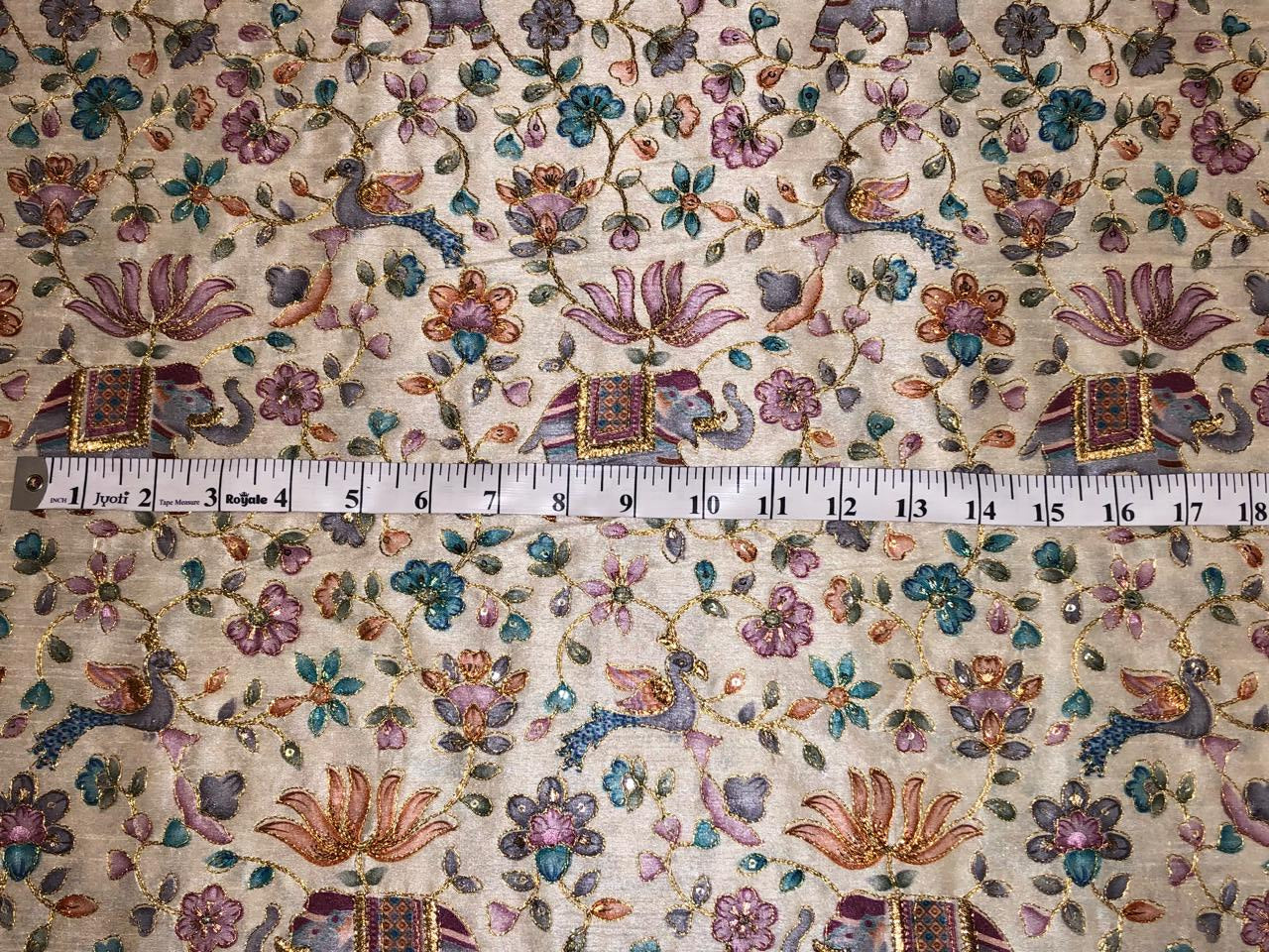 Silk Brocade fabric ivory with elephant ,peacock ,lotus motif and floral jacquard with subtle sequins and embroidery BRO1069[2]