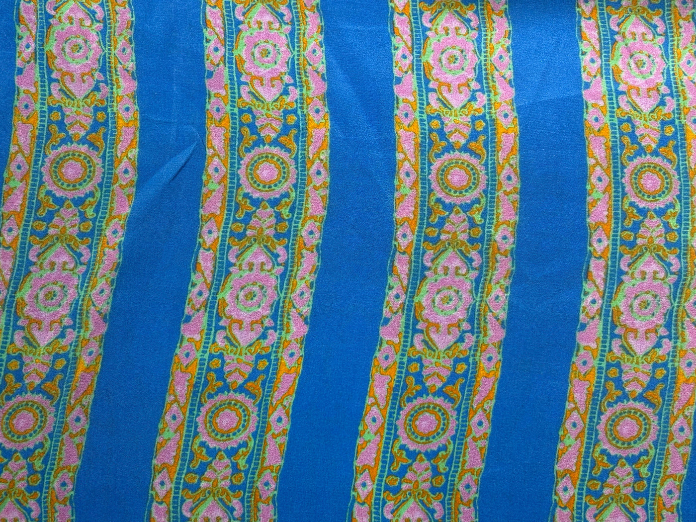 Pure silk  crepe printed fabric stripes of blue and orange, pink floral 54"[18263]