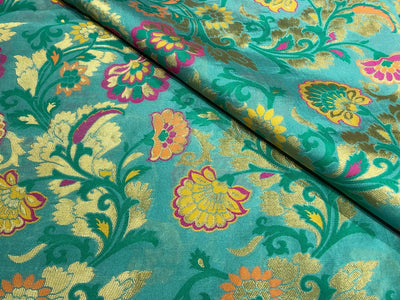 Silk Brocade fabric with multi color  floral jacquard and metallic  gold available in 3 colors  white,green , and pink BRO1014