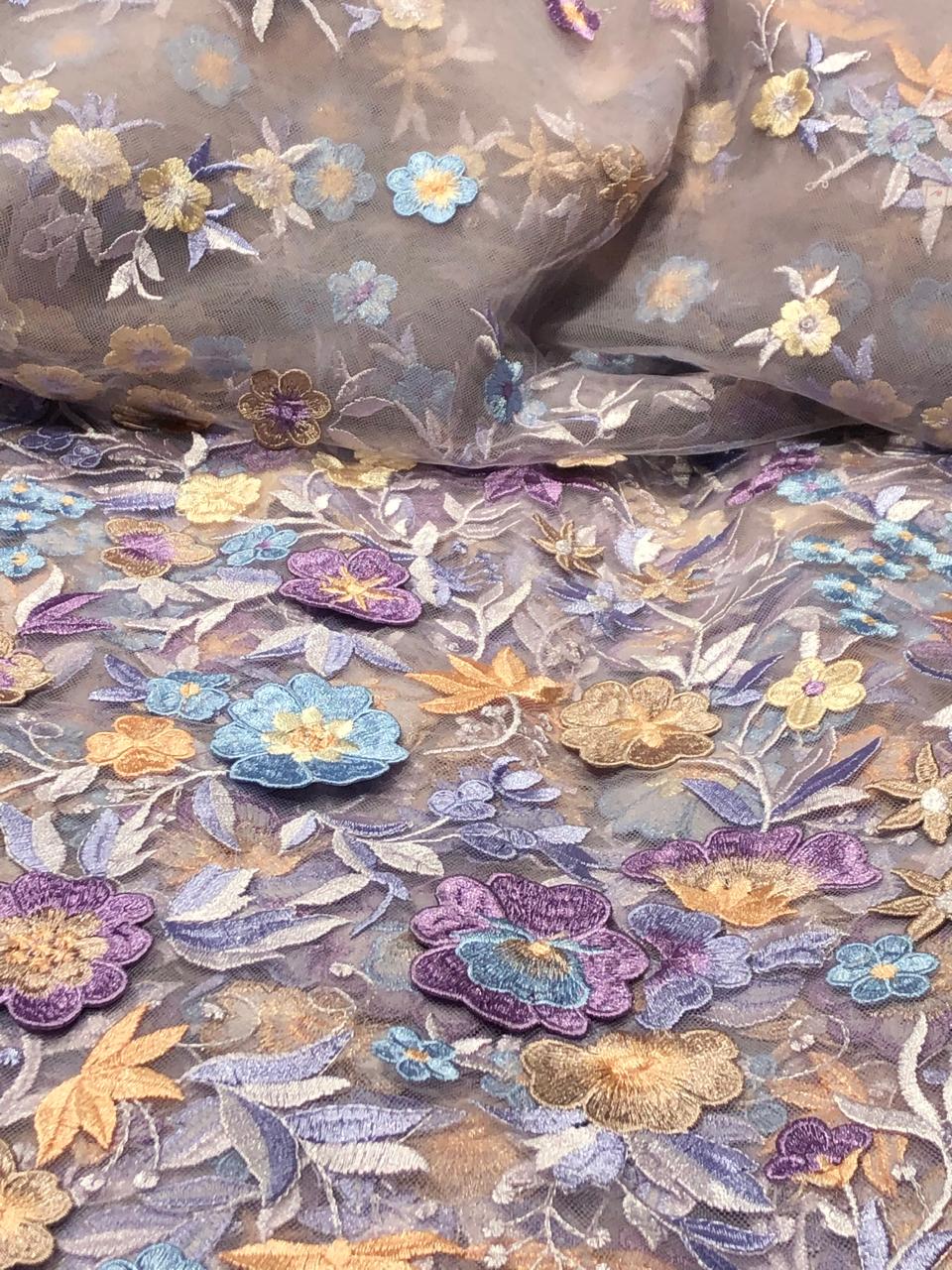NET fabric lilac with floral embroidery with patchwork of nude pink, lilac and blue flowers 58" wide [17716]