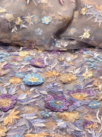 NET fabric lilac with floral embroidery with patchwork of nude pink, lilac and blue flowers 58" wide [17716]