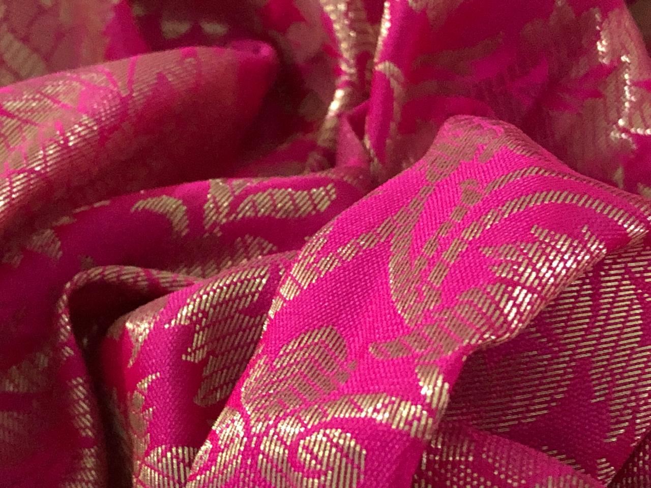 Silk Brocade fabric bright pink with white gold floral jacquard 44" BRO1063[1]
