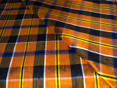100% silk dupion  Plaids fabric with slubs shades of burnt orange ,navy, black and yellow 54" wide DUPNEWC29[3]
