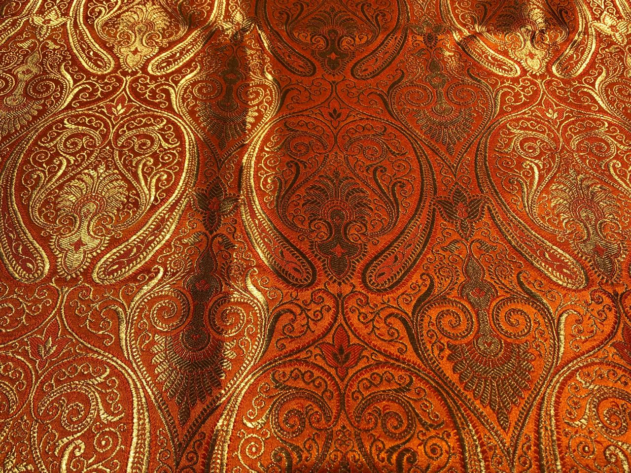 Silk Brocade fabric 44" paisley metallic gold  jacquard available in 2 colors bright orange and turquoise blue  BRO1049