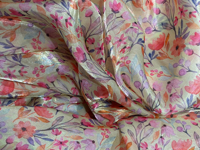 Silk metallic tissue organza fabric MULTI COLOR FLORAL JACQUARD 44 INCHES WIDE available in 2 STYLES MINT WITH PINK/ORANGE FLOWERS AND YELLOW WITH TINY PINK/ORANGE FLOWERS[17164/65]