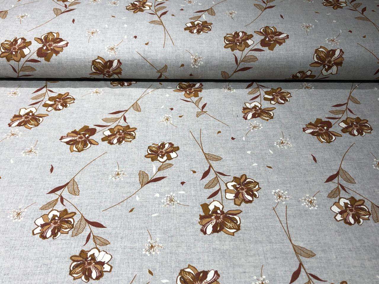 100% Cotton Poplin Grey With Brown FLORAL PRINT [17013]