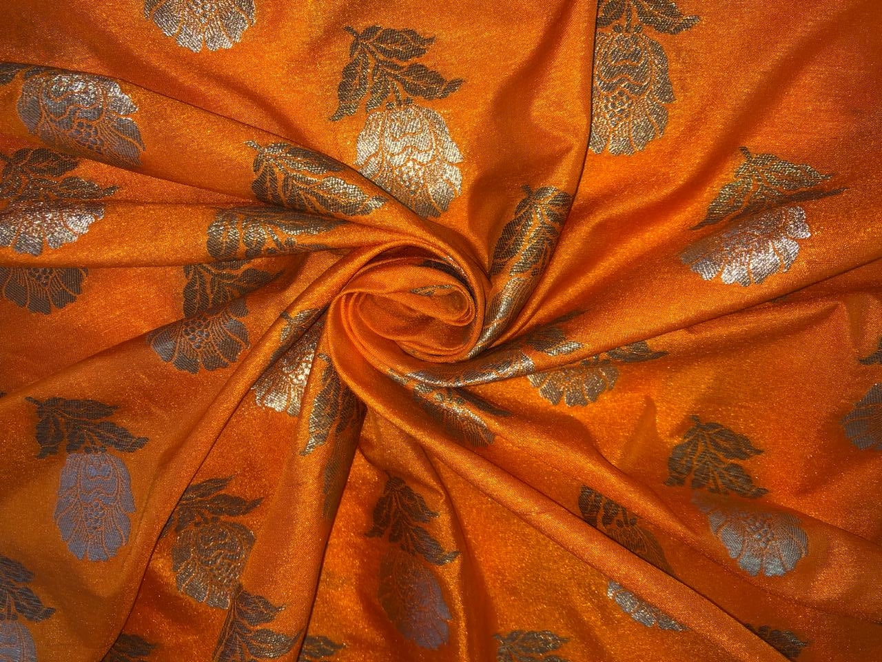 100% PURE Silk Brocade fabric 44" wide FLOWER MOTIF AVAILABLE IN 2 COLORS gold and orange BRO1016[5/6]
