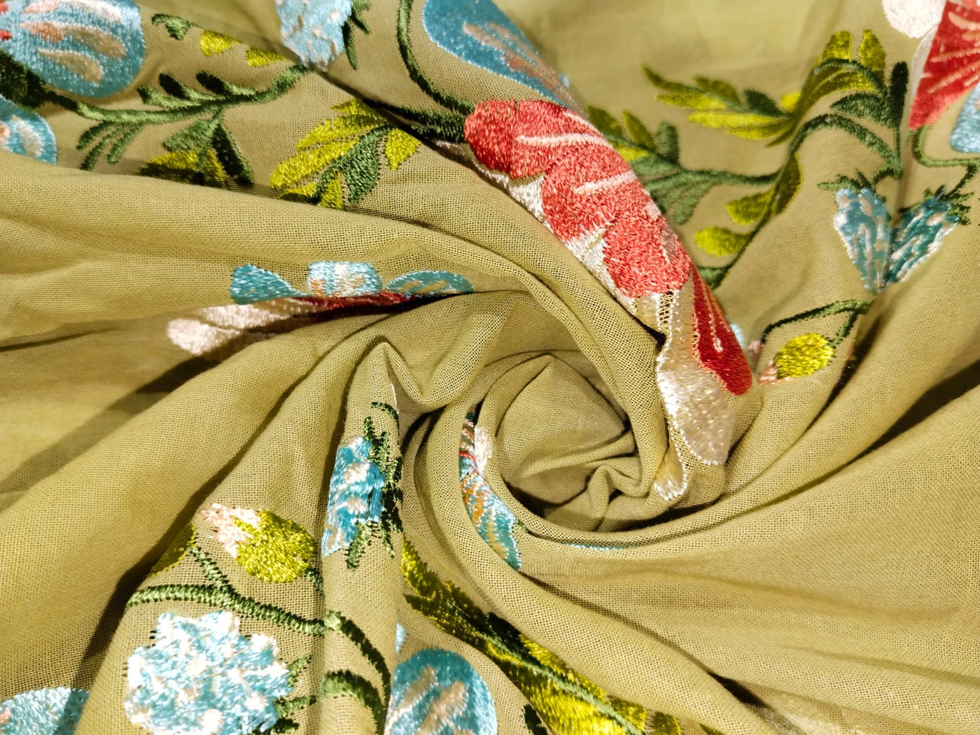 100% Cotton voile fabric~ with embroidery available in 2 colors blue and olive