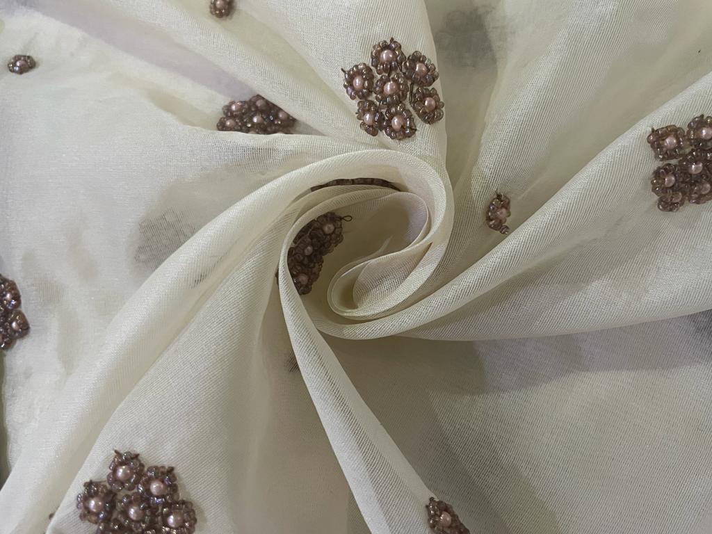 Silk organza with  pearl hand embroidery Semi Sheer fabric 54" wide available in 2 colors ivory and antique gold pearls/ivory and ivory pearls