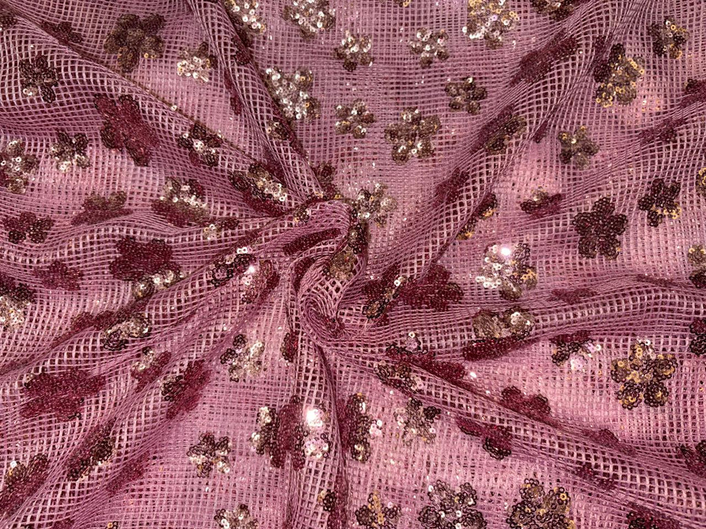 Net Fabric with sequin rose pink floral motifs 58'' wide [18598