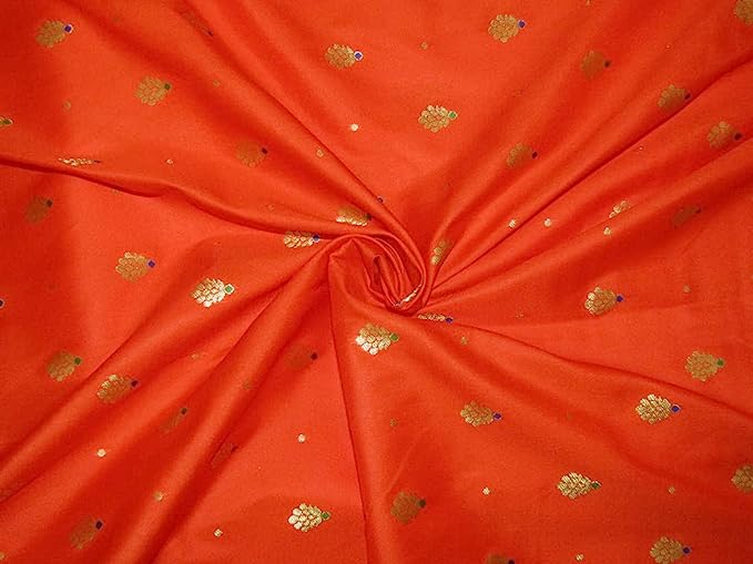100% Silk Brocade Fabric Orange x Metallic Gold 44" BRO772B[2]
