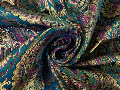 SILK BROCADE FABRIC PEACOCK GREEN /MAJENTA PINK X METALIC GOLD COLOR 44" WIDE BRO392[4]