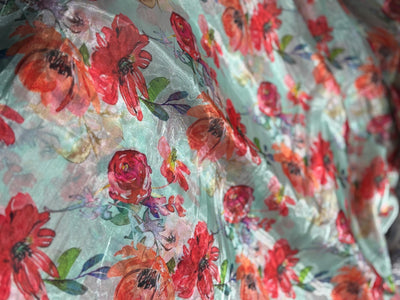 Silk metallic tissue organza fabric MULTI COLOR FLORAL JACQUARD 44 INCHES WIDE available in 2 STYLES MINT WITH PINK/ORANGE FLOWERS AND YELLOW WITH TINY PINK/ORANGE FLOWERS[17164/65]