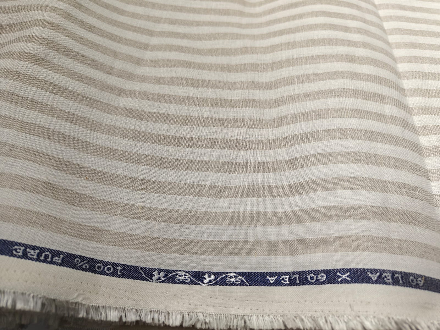 100% Linen stripe 60's Lea Fabric 58" wide available in three colors BLUE/WHITE,GREY/BLUE AND CAMEL/IVORY