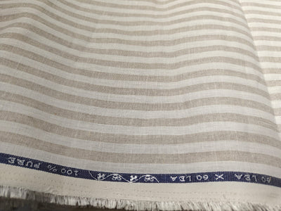 100% Linen stripe 60's Lea Fabric 58" wide available in three colors BLUE/WHITE,GREY/BLUE AND CAMEL/IVORY