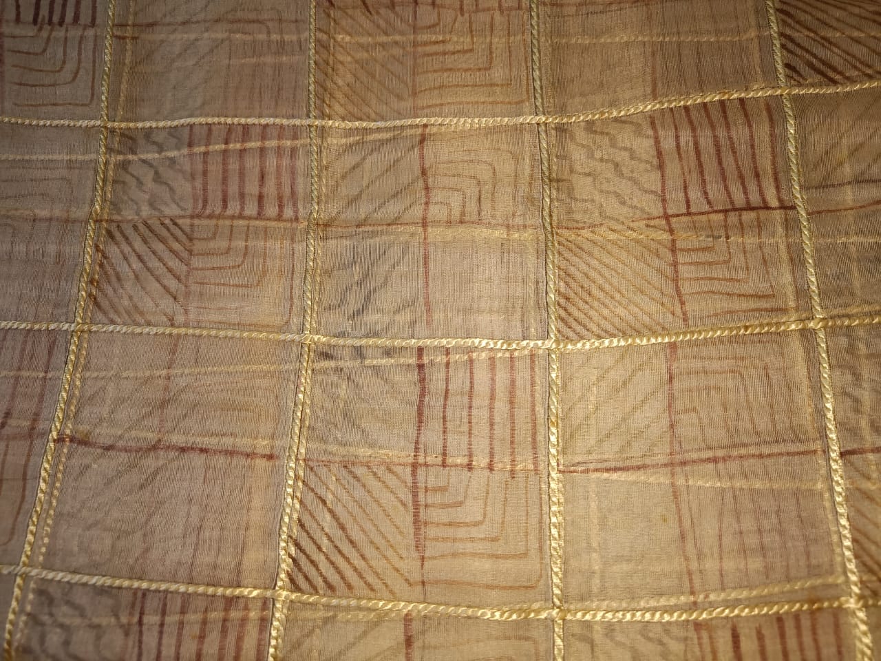 100% silk organza plaids gold with abstract design fabric 44" WIDE [9893]