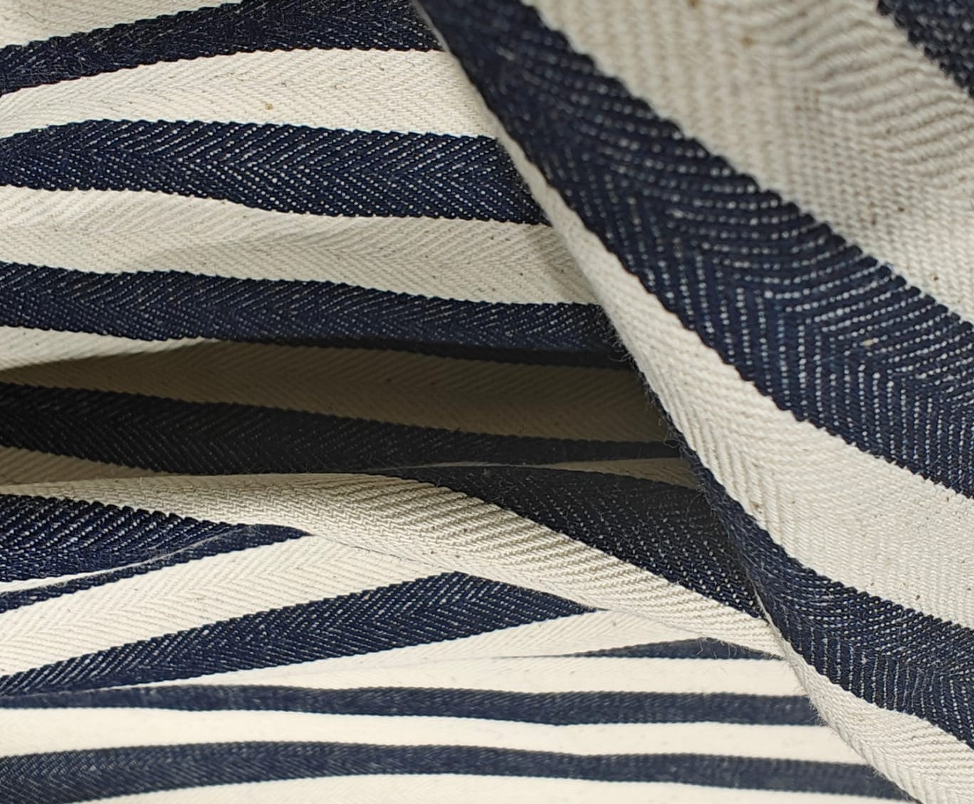 Cotton Denim Fabric ecru and navy herringbone stripes 58" wide [18241]ROLL