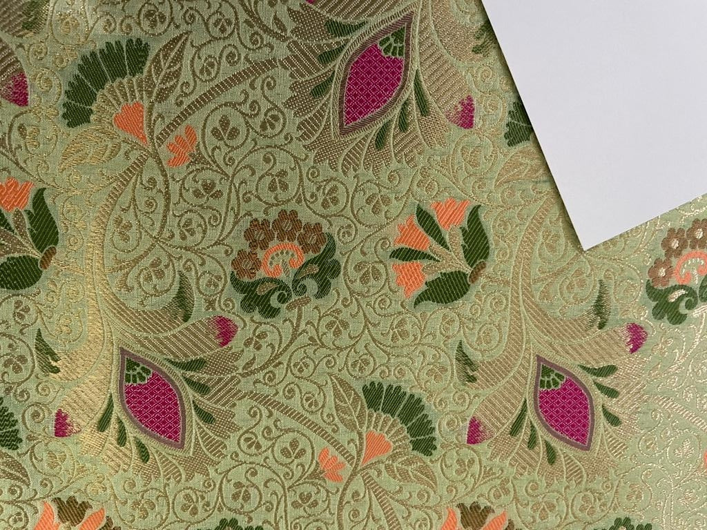 Silk Brocade fabric available in 2 colors Ivory and mint  with metallic gold ,pink and green color Jacquard color 44" wide BRO896[4/5]