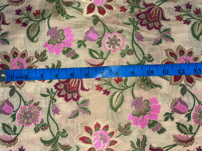 Silk Brocade fabric available in two colors Beige and green with multi color floral and metallic gold 44" wide BRO891[4&5]