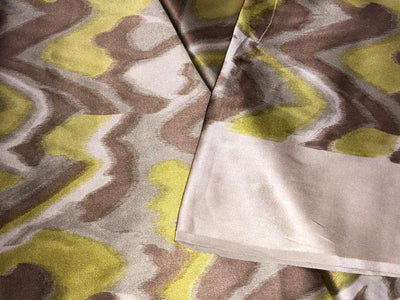 100% Pure Silk Satin 80 grams geometric print shades of silver, lime green and brown 54"Wide Fabric [18287]
