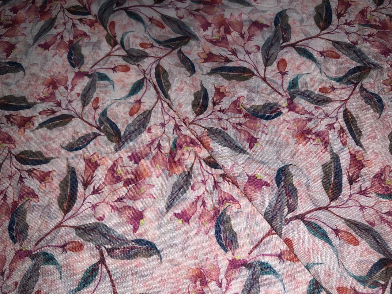 100% Cotton Linen IVORY,BROWN AND GREEN FLORAL PRINT [17020]