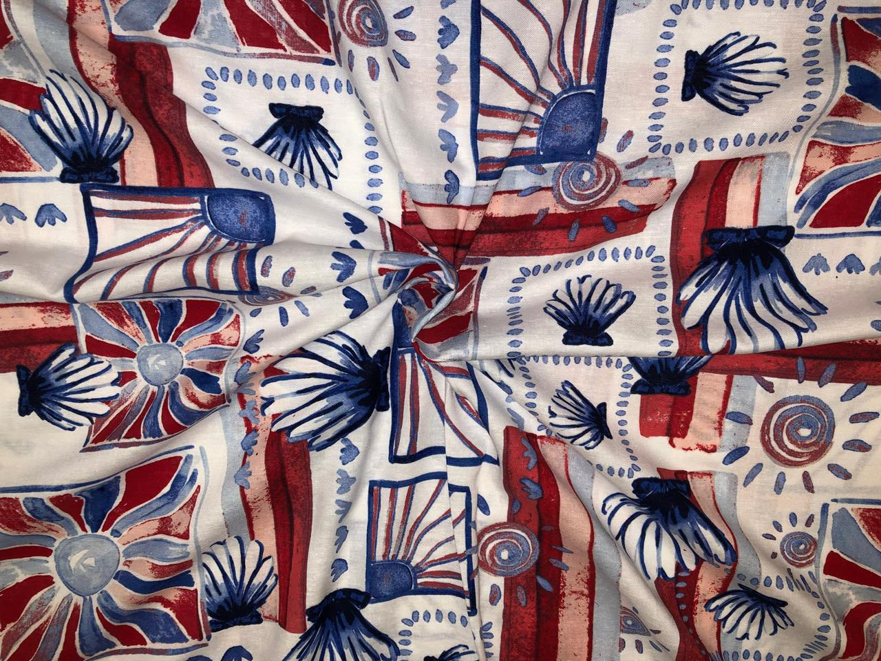 100% Cotton white ivory with brushed paint  print look red and blue abstract 56" wide [18342]