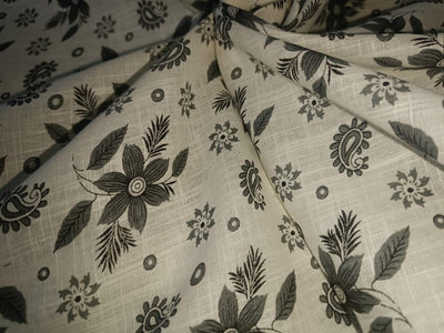 100% Cotton slub Fabric Print ,cream and black floral and paisleys 44" wide [15596]