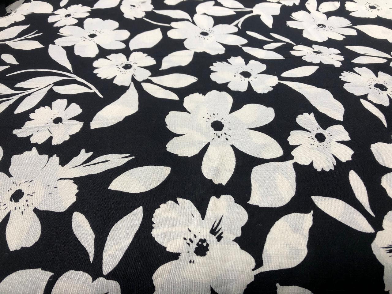 Linen Print black and cream  floral print [17740]