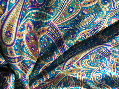 100% PURE SILK 80 GRAMS  SATIN PRINTED 44"WIDE FABRIC BLUE MULTICOLOR PAISLEY PRINT [16945]