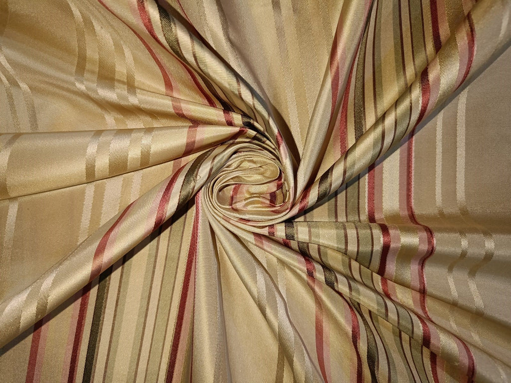100% Silk Taffeta Fabric Butter/Cream/Gold ,pink and green stripes 54" wide TAFS108