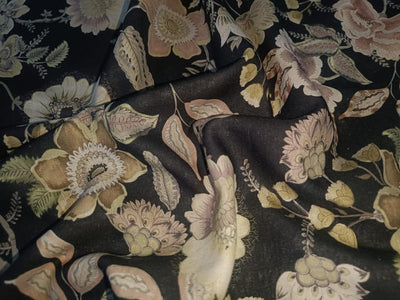 100% Linen Black with  Floral Print Fabric 44" wide [15422]