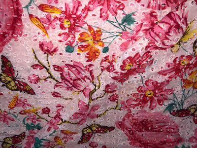 100% Cotton white with pink floral printed and hakoba embroidered fabric  58 inches wide 147 cms. [17304]