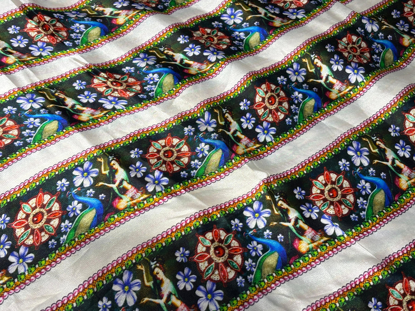 100% Pure Silk Satin 90 Grams Printed stripes of Indian classical dance with peacocks  44"Wide  Fabric [17792]