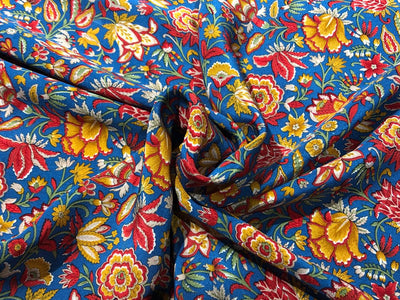 Pure silk  crepe printed fabric 21.35 momme [80gms] teal blue  with dusty orange ,red and green floral  print [16950]