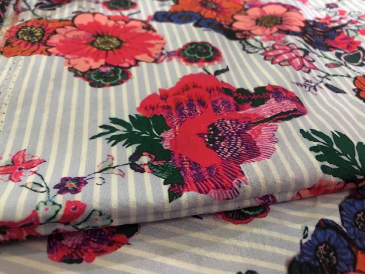 100% Cotton Poplin FLORAL PRINT ON BLUE STRIPES 58" wide [17161]