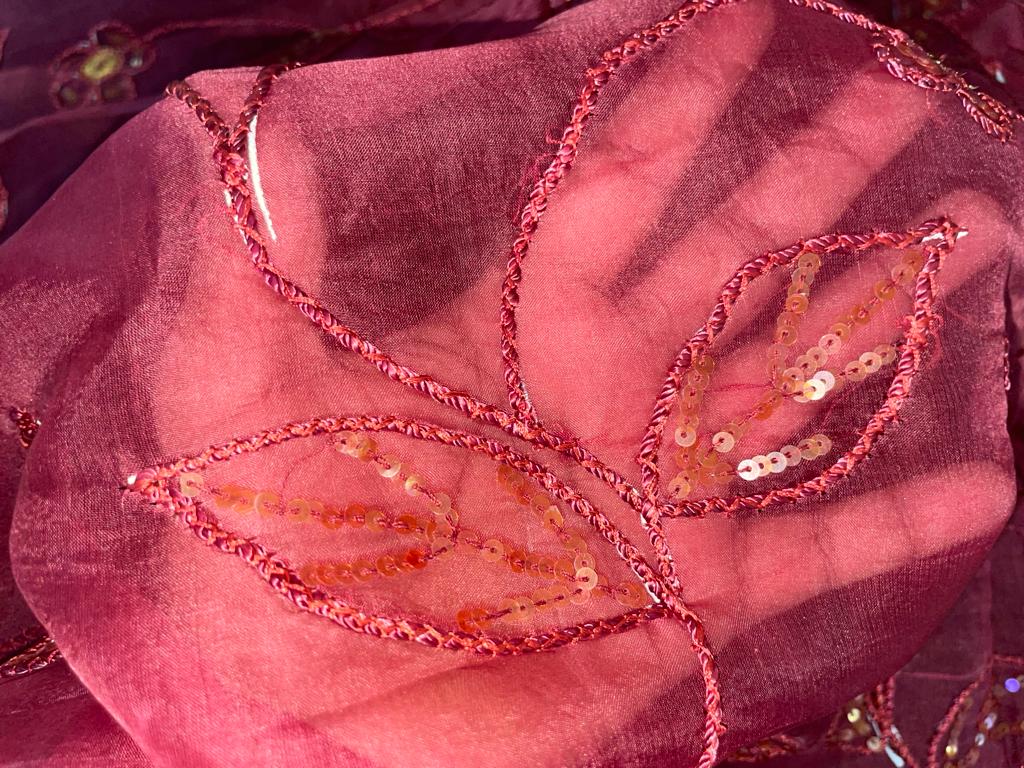 Silk Organza with velvet floral embroidery rusty pink [15351