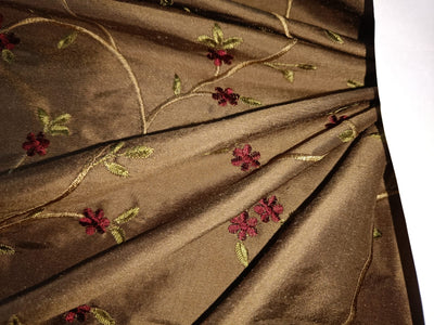 Silk Dupioni Fabric brown with wine floral  Embroidery 54&quot; Wide DUP#E52[2]